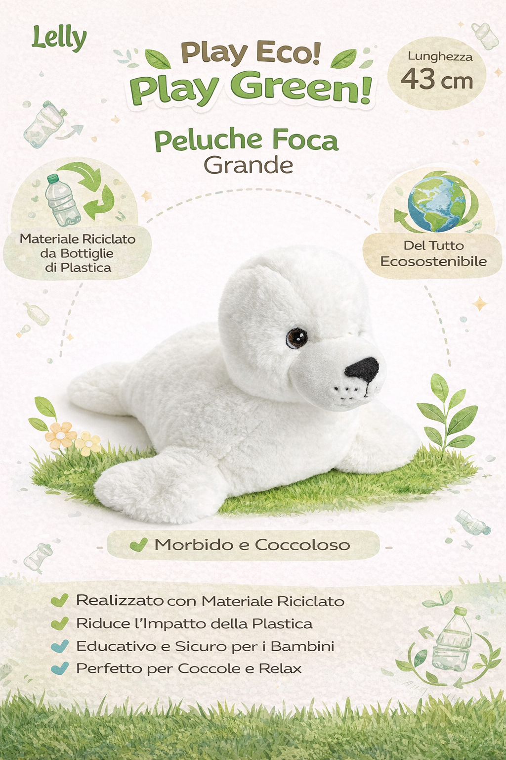 Peluche Foca Grs Cm. 35 Plastica Reciclata Lelly - 800052