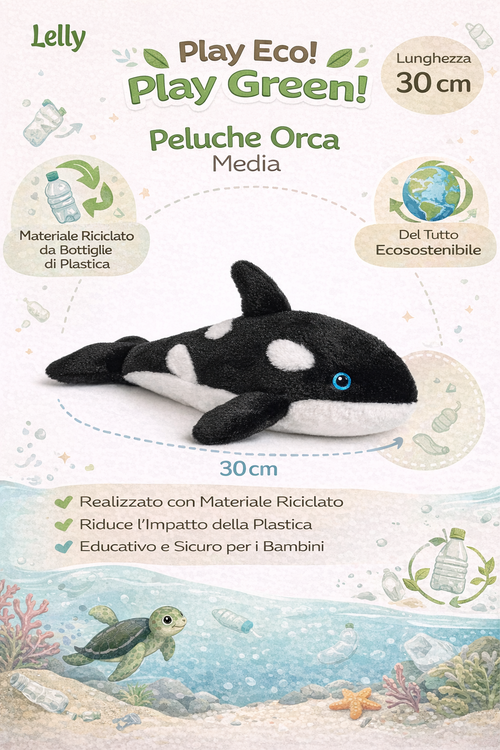 Peluche Orca Grs Cm. 30 Plastica Reciclata Lelly - 800054