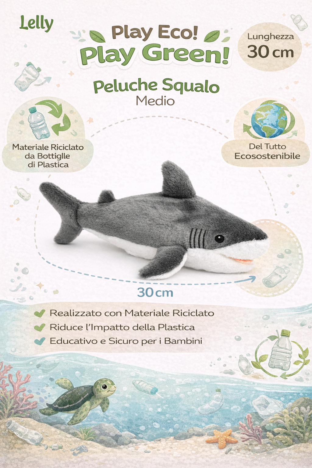 Peluche Squalo Grs Cm. 30 Plastica Reciclata Lelly - 800055