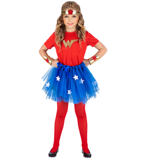 Costume Carnevale Wonder Girl T-Shirt Tutu Copricapo Bracciali Bambina Abito Travestimento - 9654