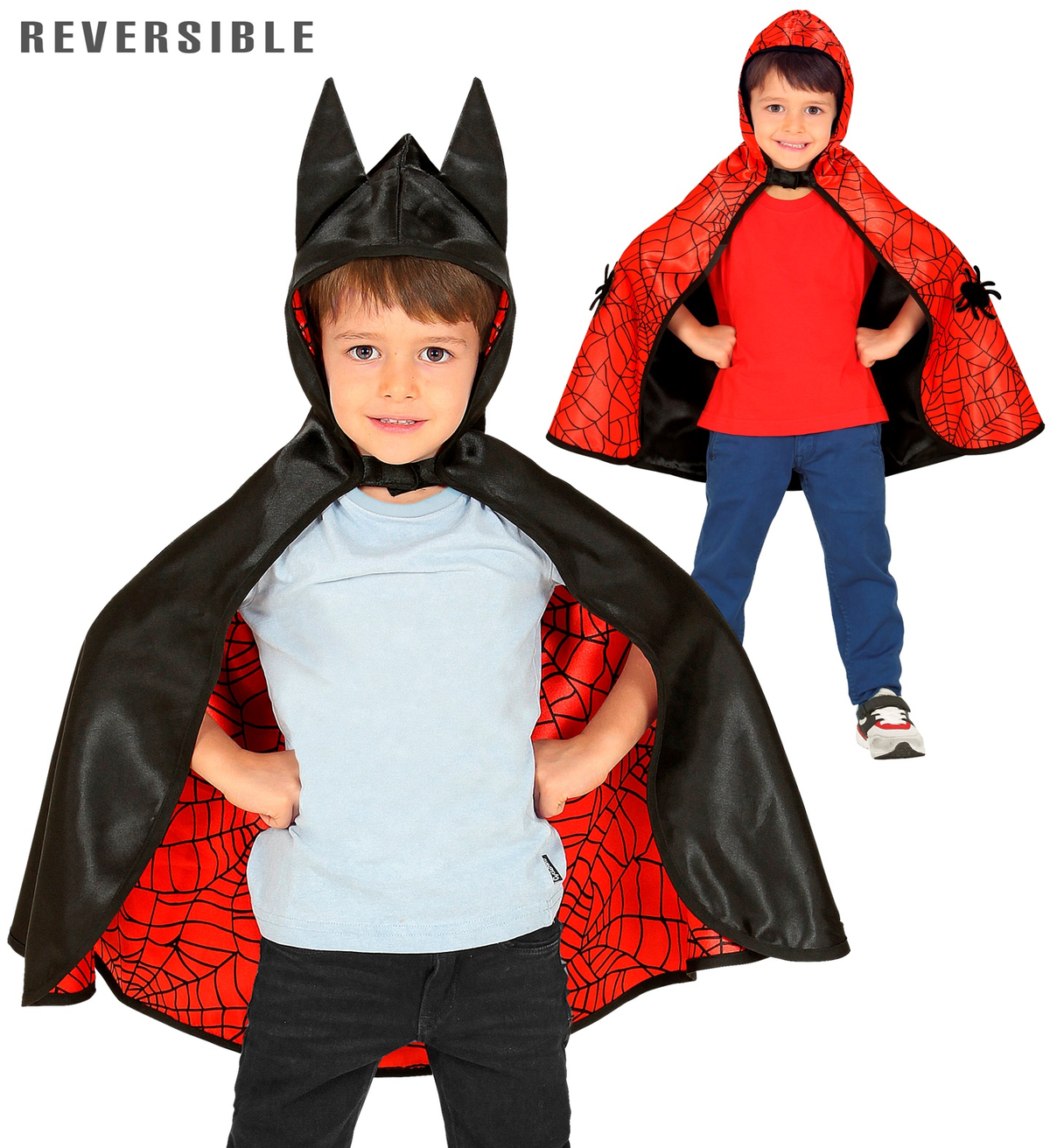 Costume Carnevale Super Eroe Mantello con Cappuccio Reversibile Bambino Abito Travestimento - 1066