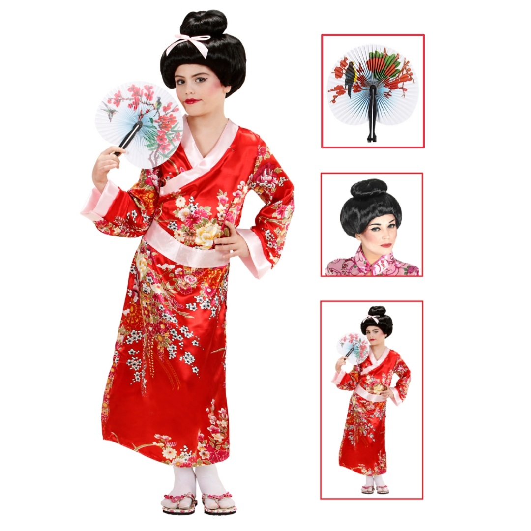 Vestito Carnenale + Accessori Geisha Bambina Giapponese Kimono Ventaglio Parrucca Travestimento (8/10 Anni)