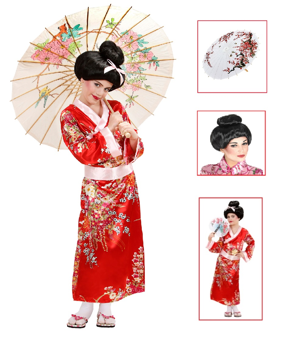 Vestito Carnenale + Accessori Geisha Bambina Giapponese Kimono Parasole Parrucca Travestimento (5/7 Anni)