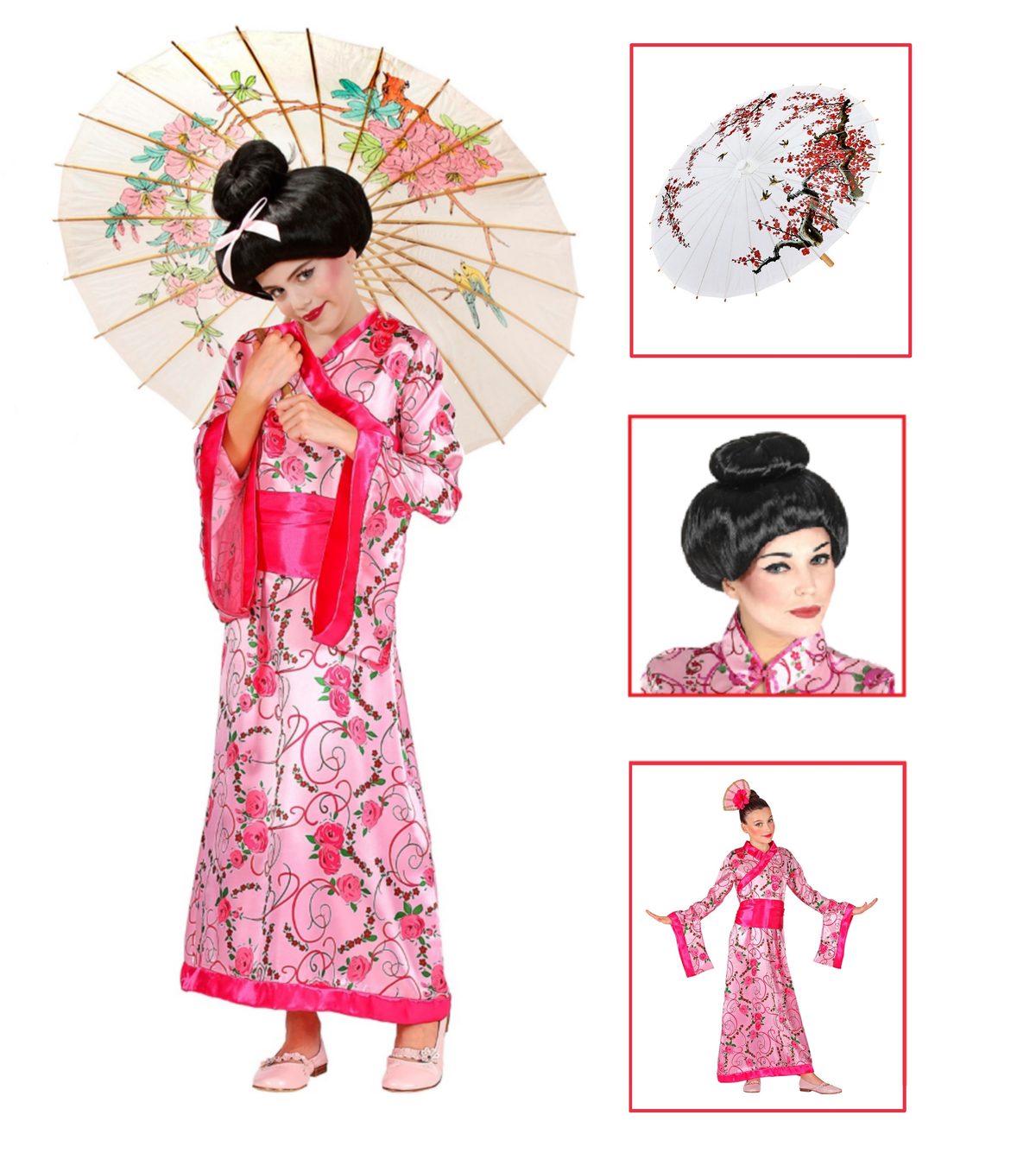 Vestito Carnenale + Accessori Principessa Asiatica Kimono Parasole Parrucca Travestimento (11/1