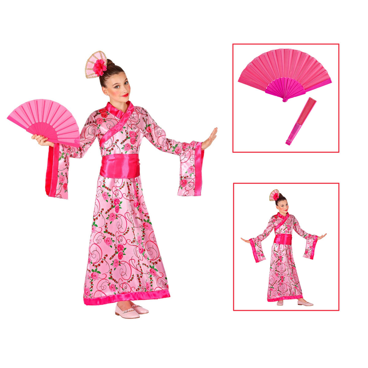 Vestito Carnenale + Accessori Principessa Asiatica Ventaglio Travestimento (4/5 Anni)