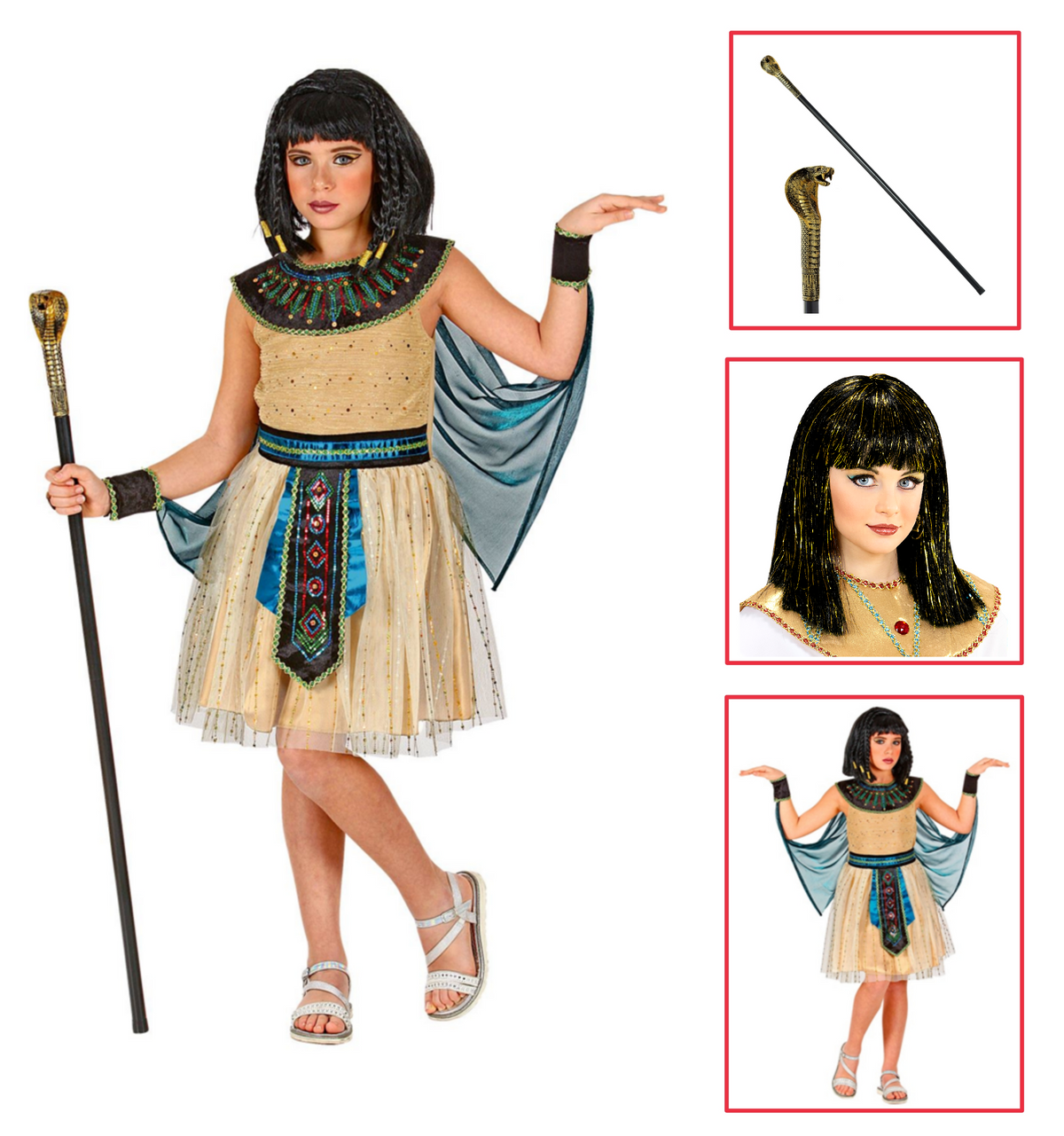 Vestito Carnenale + Accessori Regina Egiziana Vestito Bastone Parrucca Travestimento (11/13 Anni)