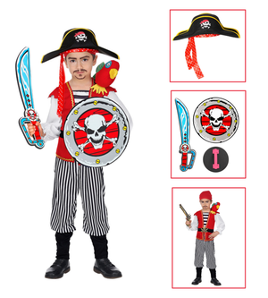 Vestito Carnevale + Accessori Pirata Costume Sciabola Scudo Cappello Travestimento (4/5 Anni)