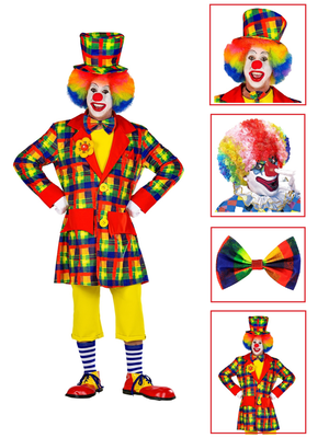Set Travestimento + Accessori Pagliaccio Cilindro Parrucca Naso Farfallino Cappotto Carnevale (s)