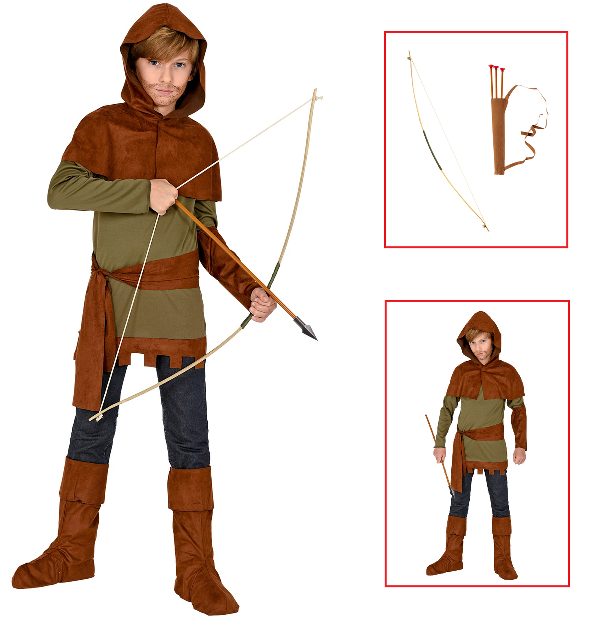 Vestito Carnevale + Accessori Robin Hood con Arco Travestimento (11/13 Anni)