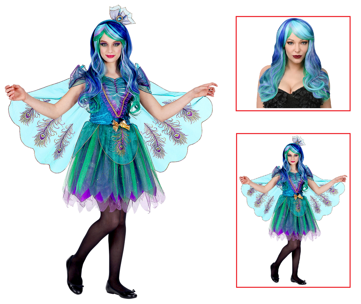 Vestito Carnevale + Accessori Pavone Abito Copricapo Parrucca Travestimento (11/13 Anni)