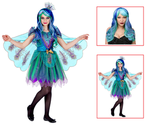 Vestito Carnevale + Accessori Pavone Abito Copricapo Parrucca Travestimento (4/5 Anni)