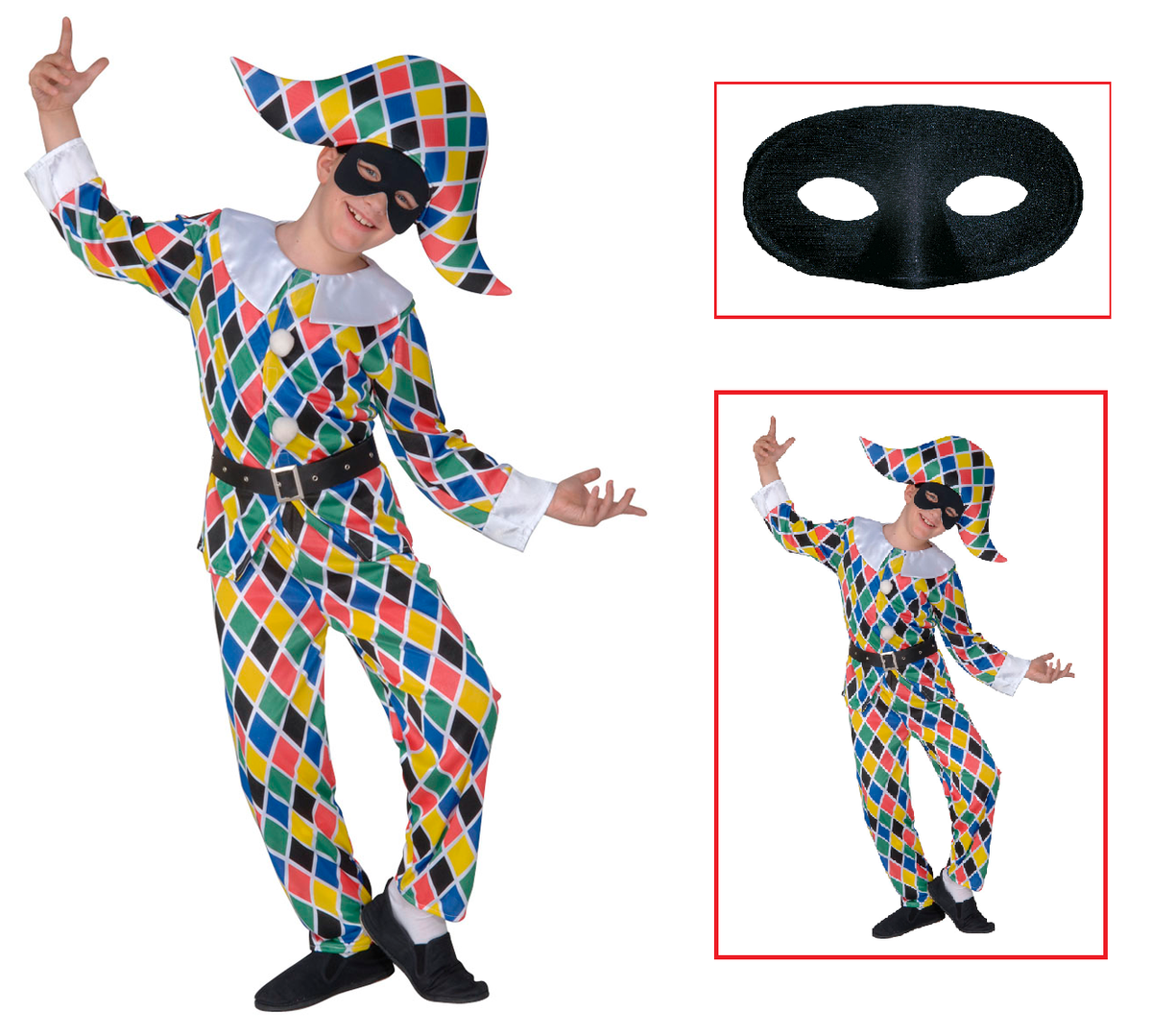 Vestito Carnevale + Accessori Arlecchino Costume Maschera Travestimento (5/7 Anni)