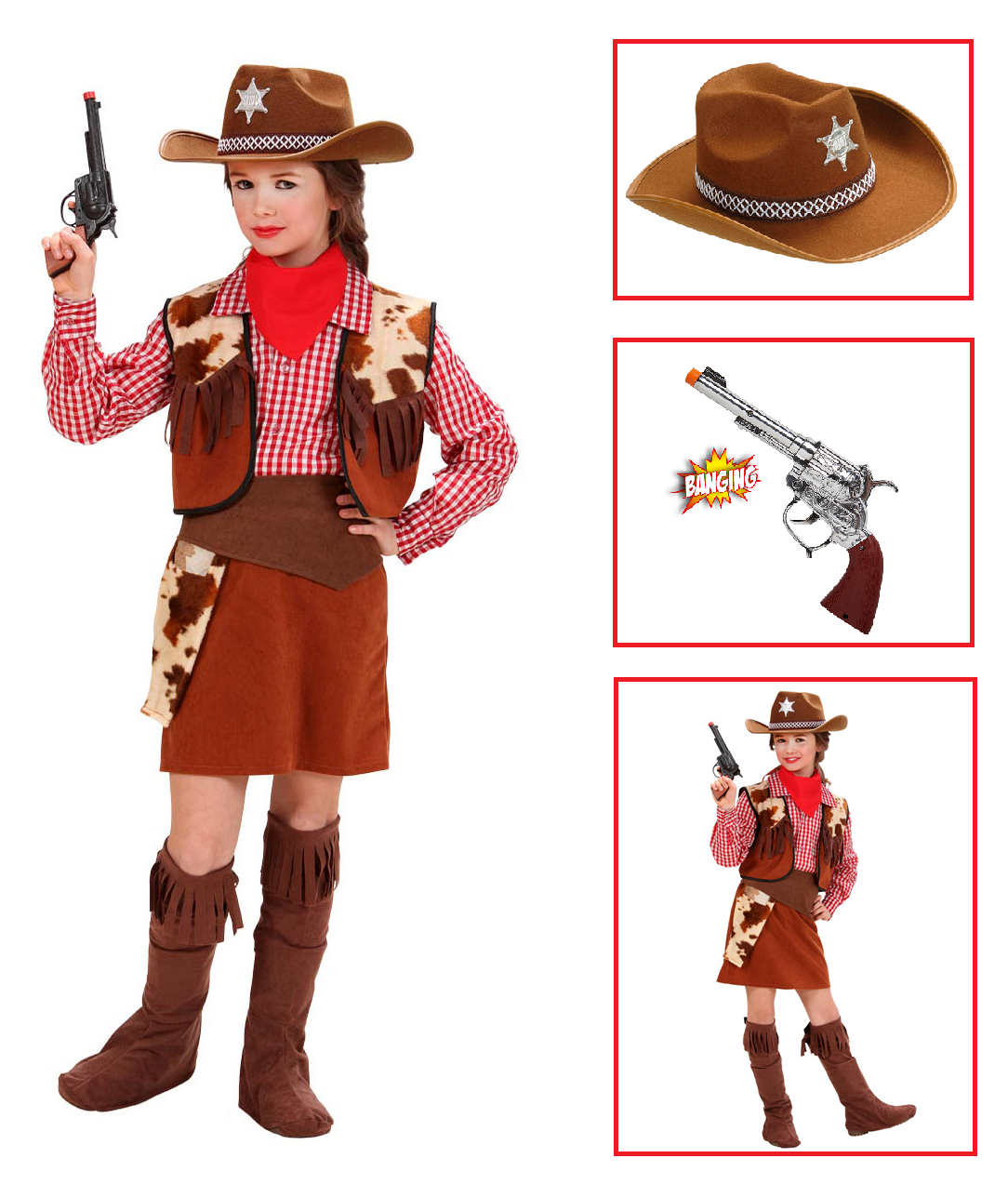 Vestito Carnevale + Accessori Cowgirl Costume Cappello Pistola Travestimento (5/7 Anni)