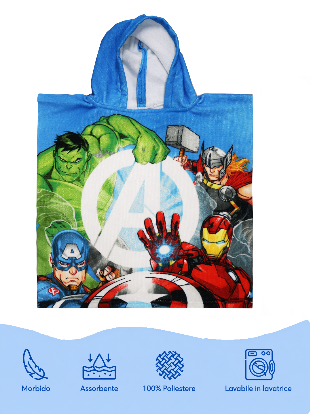 Poncho Mare Avengers MARVEL Supereroi Asciugamano Accappatoio Microcotone Cm100x50 100%pl