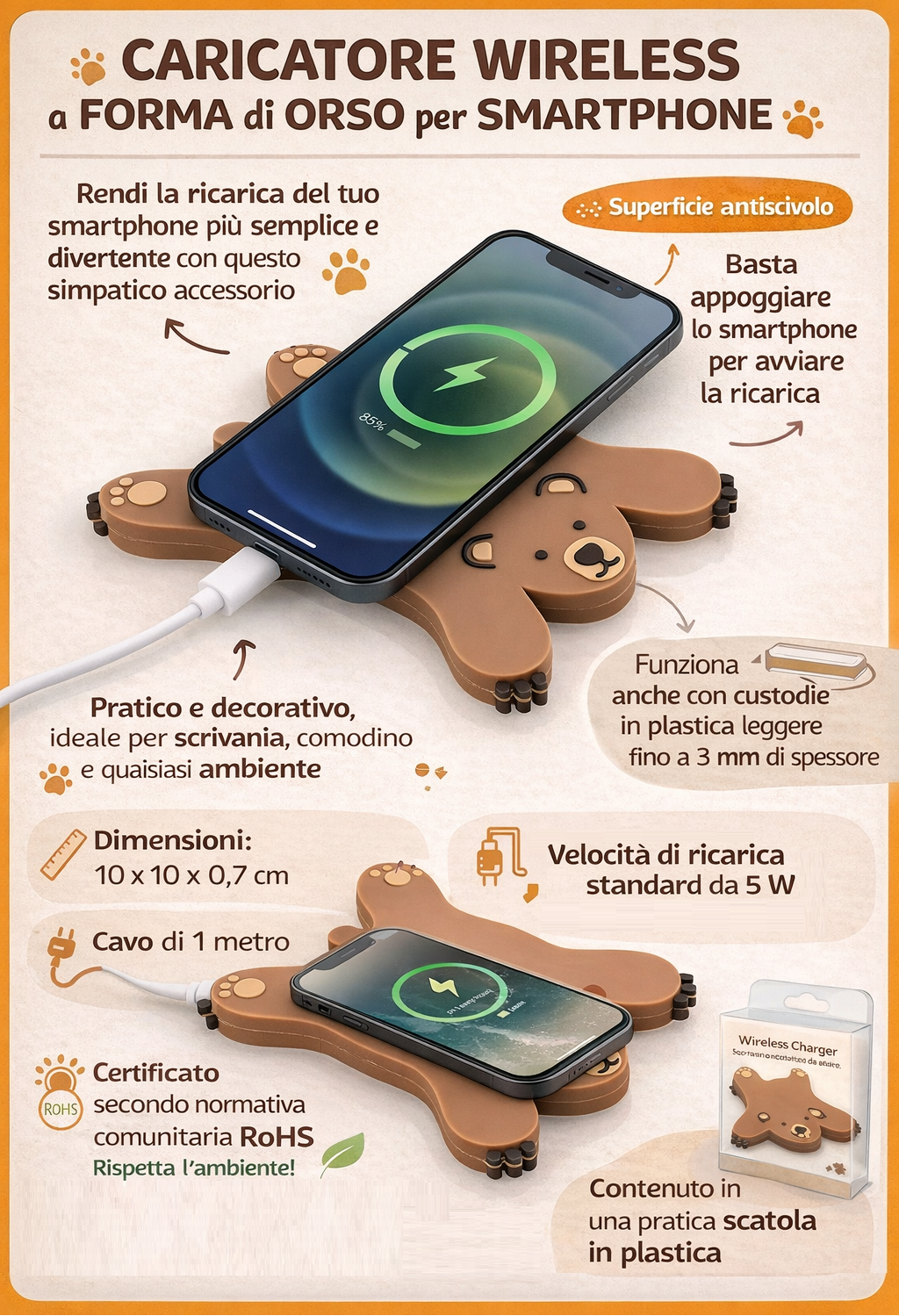 Caricatore Wireless Orso Disteso con Cavo USB da Scrivania Ricarica 5 Watt - M11039a
