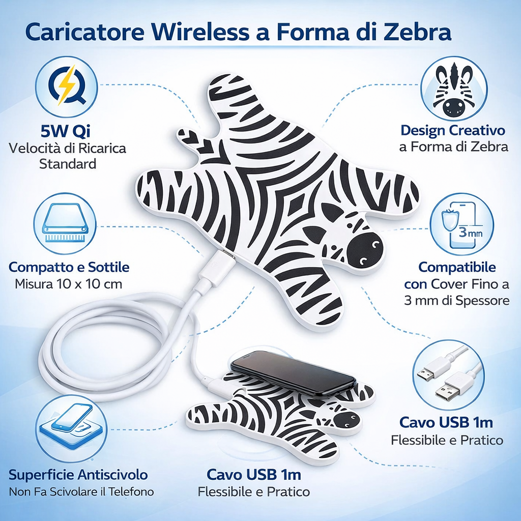 Caricatore Wireless Zebra Disteso con Cavo USB da Scrivania Ricarica 5 Watt - M11039b
