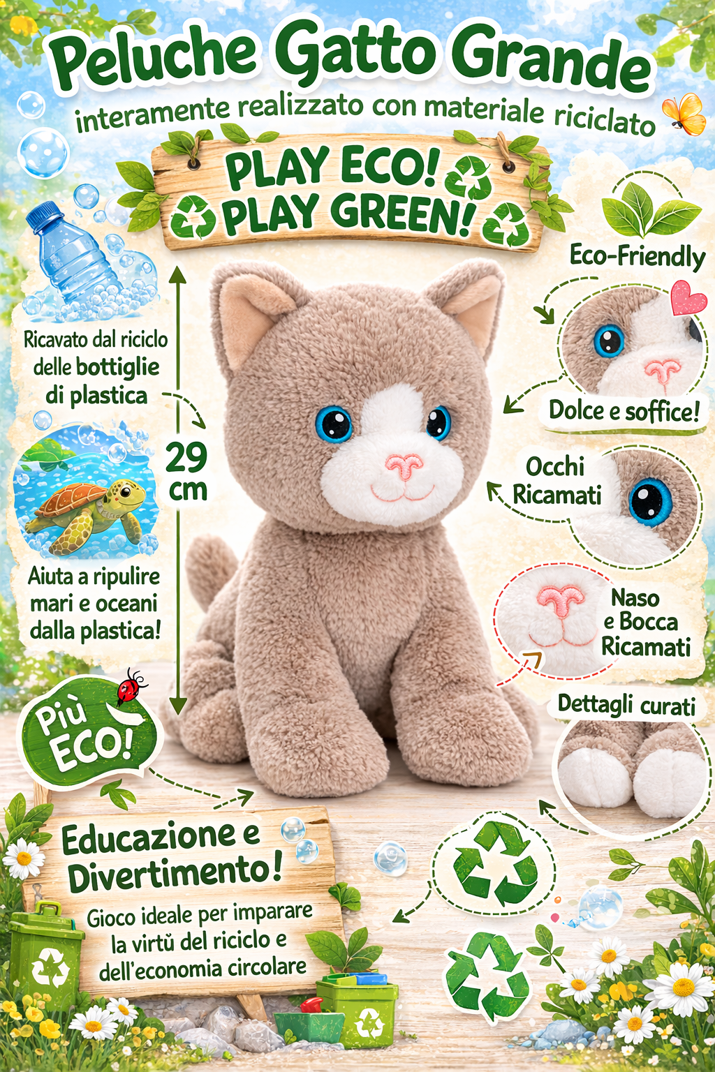 Peluche Gatto Grigio Grs Cm. 30 Plastica Reciclata Lelly - 800201/1