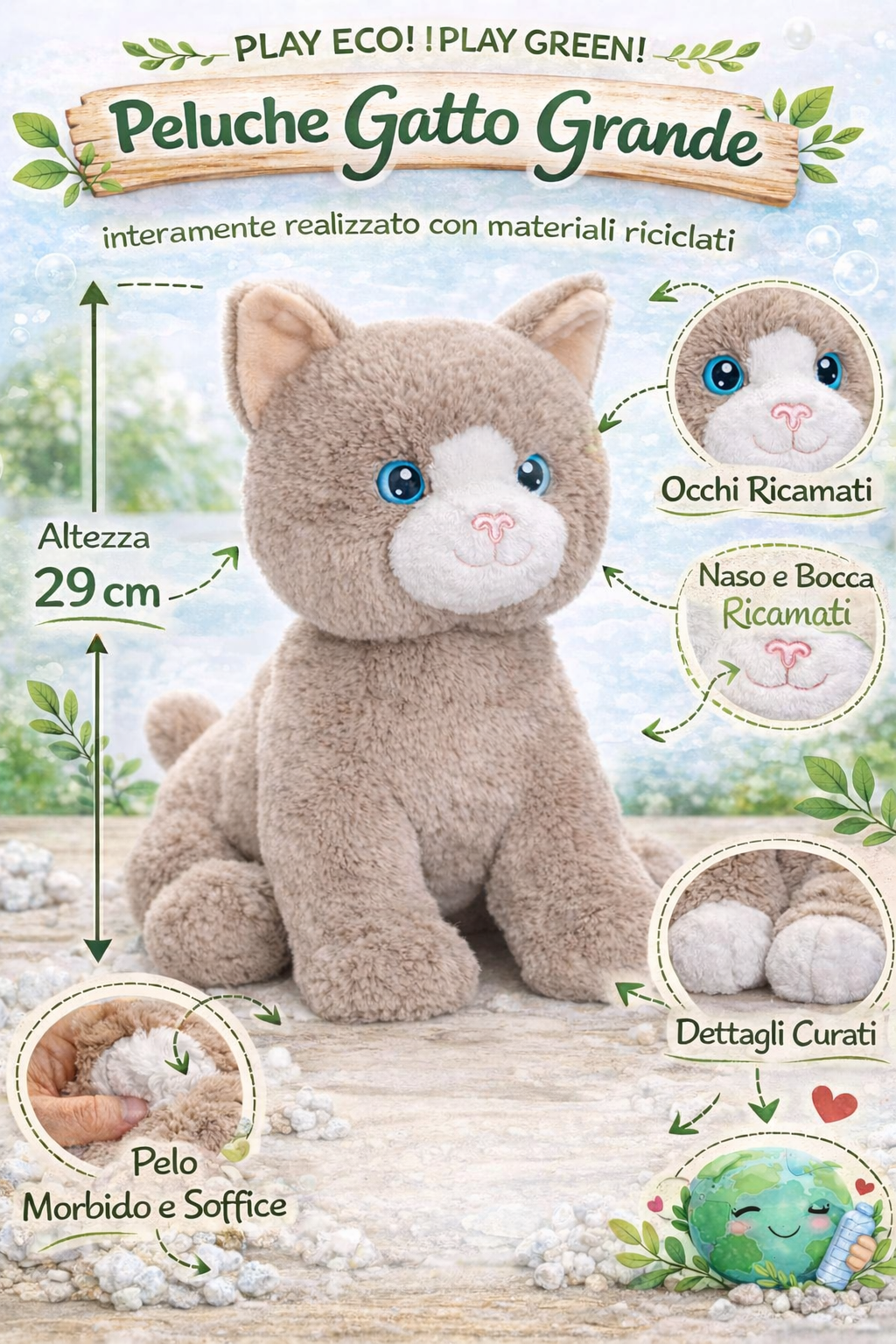 Peluche Gatto Grigio Grs Cm. 30 Plastica Reciclata Lelly - 800201/1