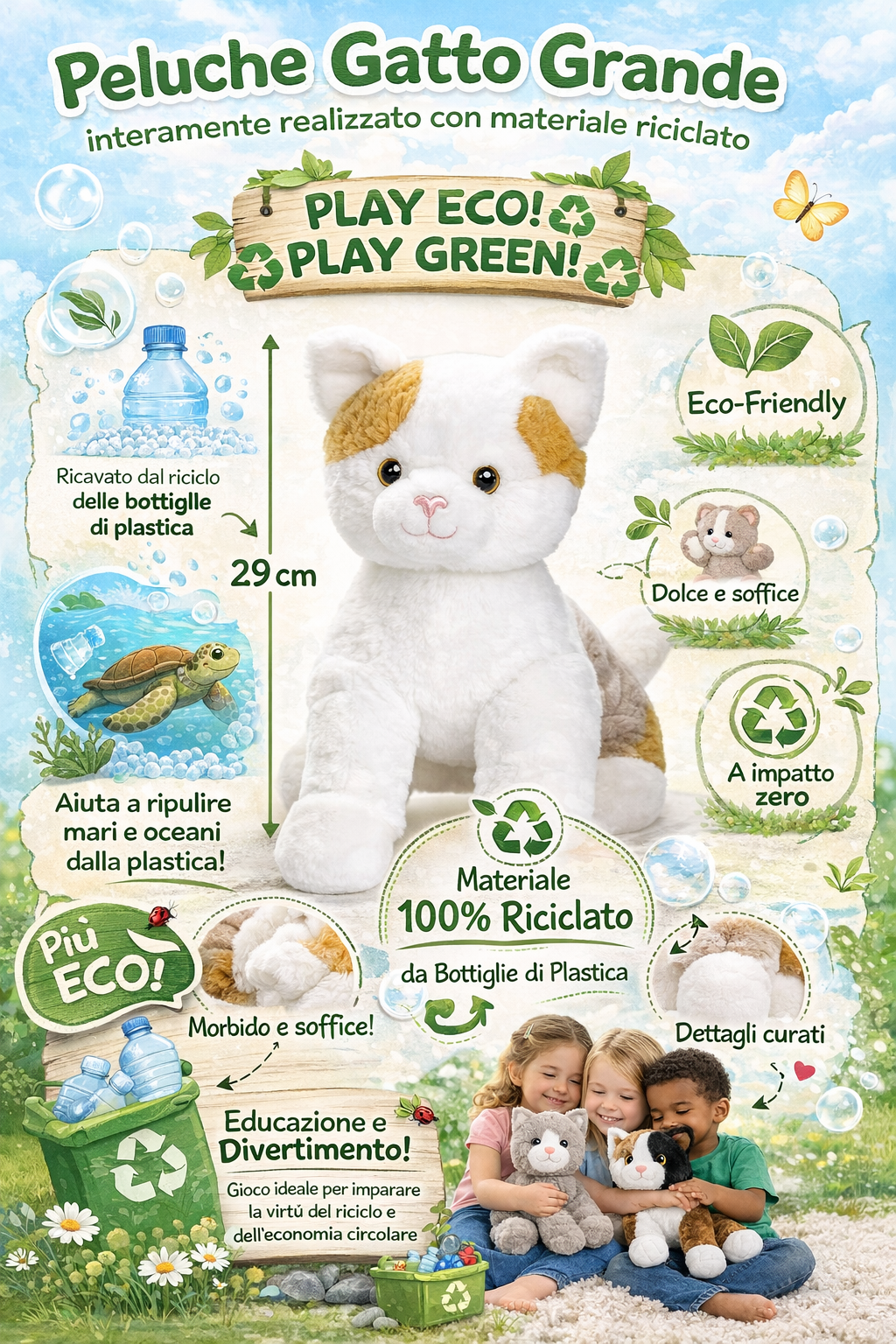 Peluche Gatto Bianco Grs Cm. 30 Plastica Reciclata Lelly - 800201/2
