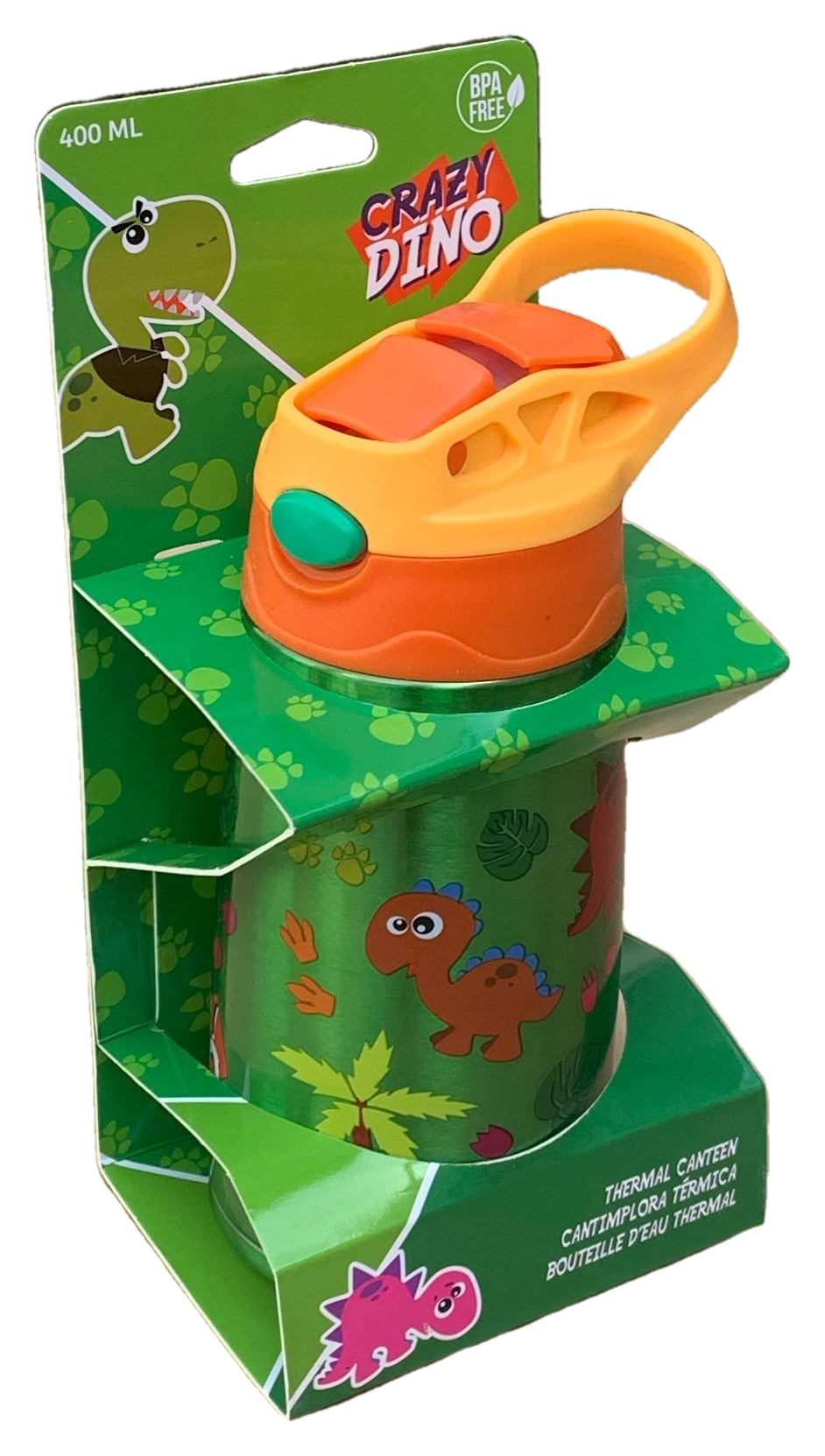 Borraccia Termica con Beccuccio Dinosauri Crazy Dino 450 Ml Apertura Automatica - Kl11257