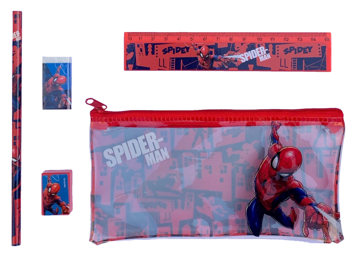 Set Cancelleria Spiderman MARVEL 5 Pezzi Tombolino Matita Gomma Temperamatite e Righello - Mv15921