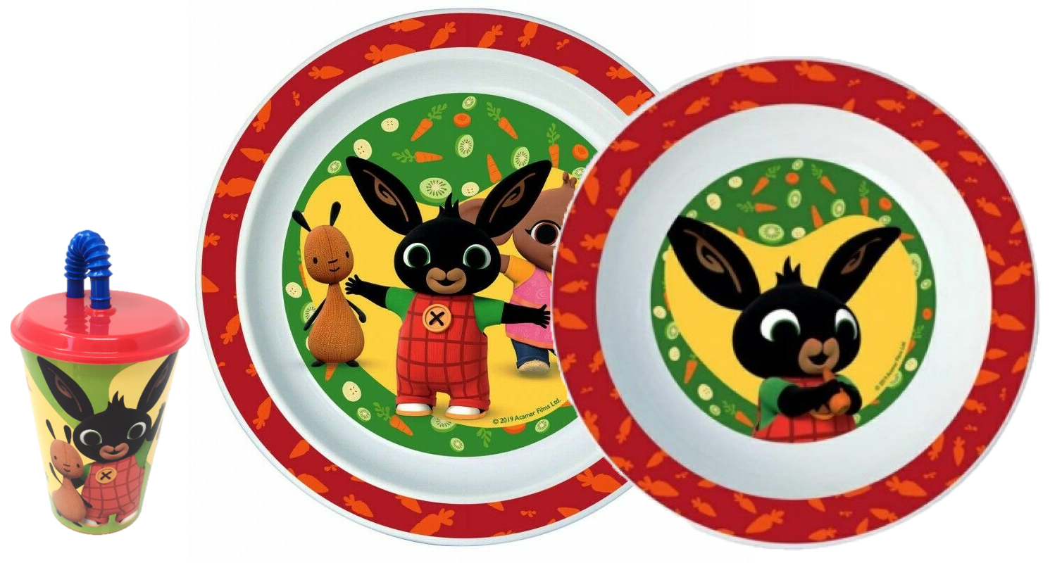 Set Pappa Bing Bunny Coniglietto 2 Piatti + Bicchiere con Cannuccia Bambino - Bin20/3pzbicchiere