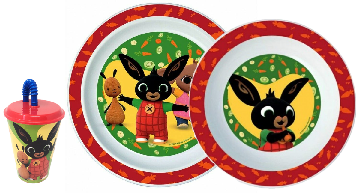 Set Pappa Bing Bunny Coniglietto 2 Piatti + Bicchiere con Cannuccia Bambino - Bin20/3pzbicchiere
