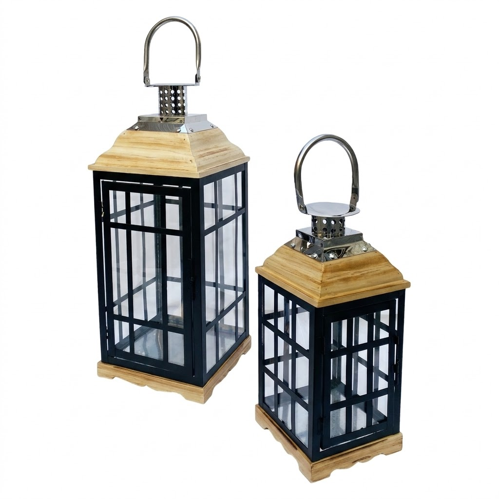 Set 2 Lanterne Portacandele in Ferro e Legno per Esterno - 65195