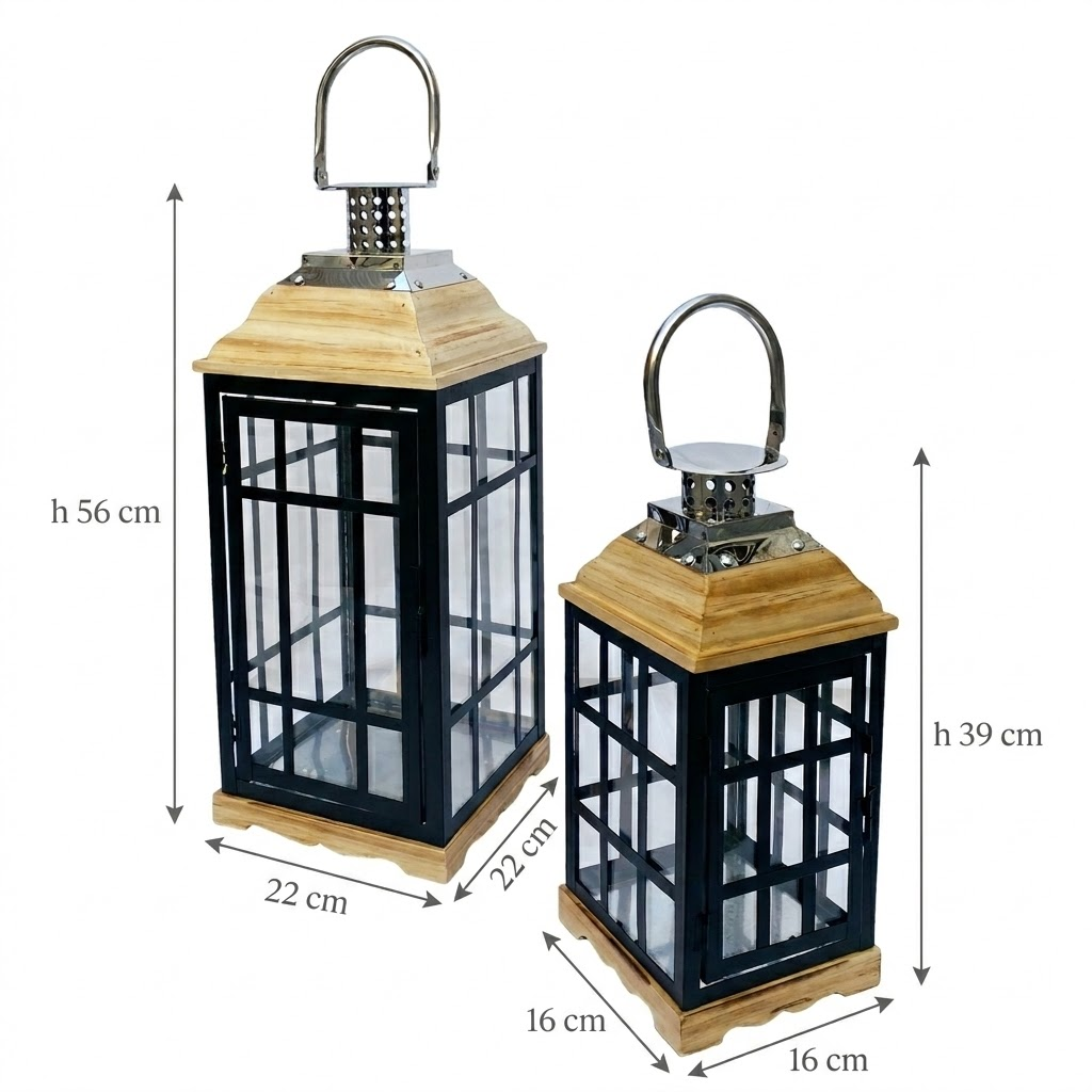 Set 2 Lanterne Portacandele in Ferro e Legno per Esterno - 65195