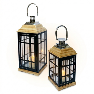 Set 2 Lanterne Portacandele in Ferro e Legno per Esterno - 65195