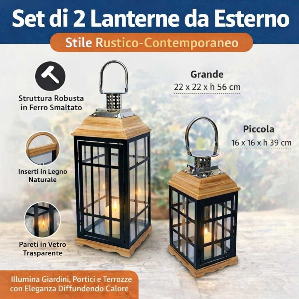 Set 2 Lanterne Portacandele in Ferro e Legno per Esterno - 65195