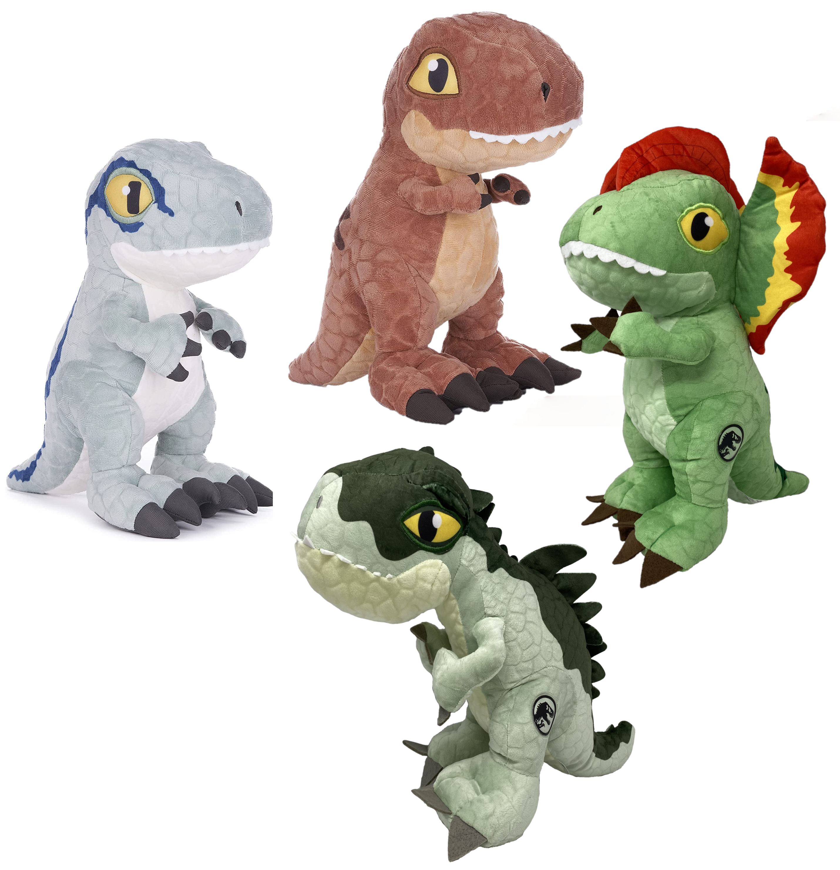 Set 4 Peluche Jurassic World Velociraptor T-Rex Metriacantosauro Dilofosauro Pupazzo 35 CM - 1025d
