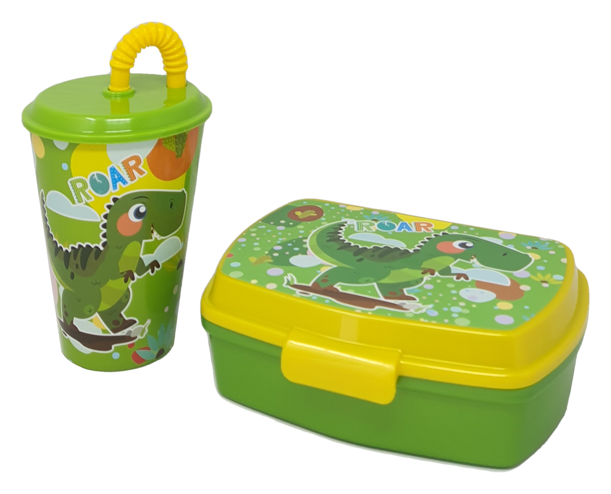 Set Dinosauri Bicchiere con Cannuccia + Portamerenda Bpa Free - Din22/2pz