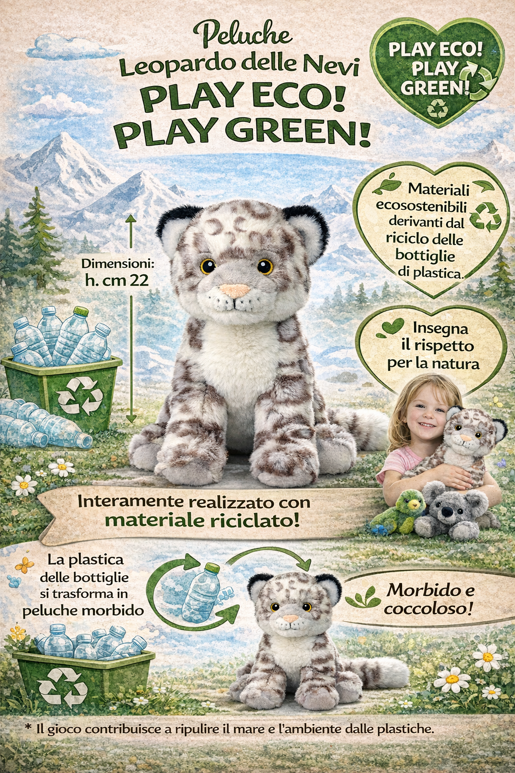 Peluche Leopardo Delle Nevi Grs Cm. 25 Plastica Reciclata Lelly - 800066