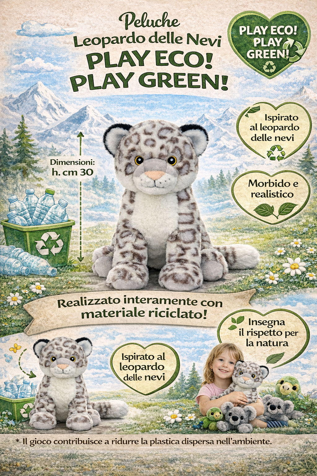Peluche Leopardo Delle Nevi Grs Cm. 30 Plastica Reciclata Lelly - 800067