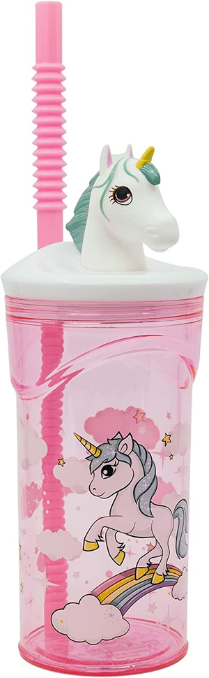 Bicchiere con Cannuccia Ripiegabile Unicorno Personaggio 3d Bpa Free 360 Ml - St09730