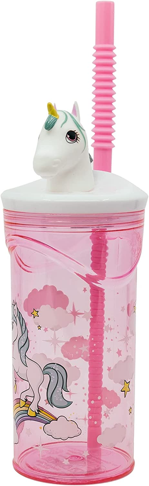 Bicchiere con Cannuccia Ripiegabile Unicorno Personaggio 3d Bpa Free 360 Ml - St09730