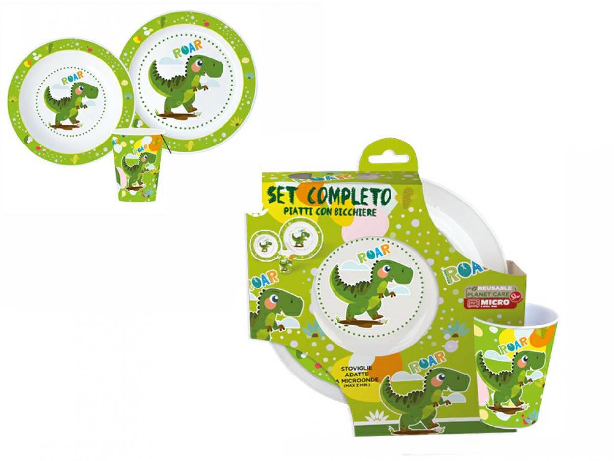 Set Pappa 3 Pezzi Dinosauri Preistoria Piatto Fondo Piano Bicchiere per Microonde Confezione Regalo - St07559