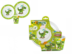 Set Pappa 3 Pezzi Dinosauri Preistoria Piatto Fondo Piano Bicchiere per Microonde Confezione Regalo - St07559