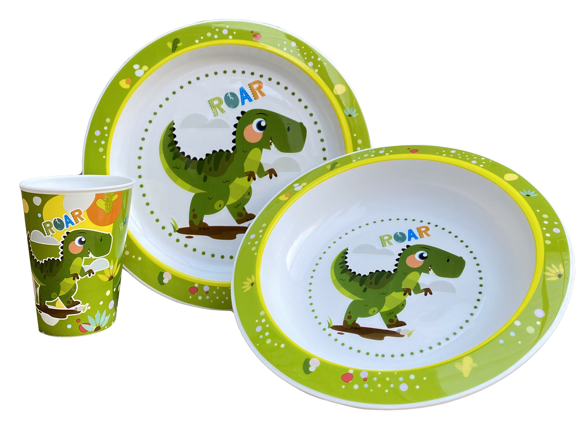Set Pappa 3 Pezzi Dinosauri Preistoria Piatto Fondo Piano Bicchiere per Microonde Confezione Regalo - St07559