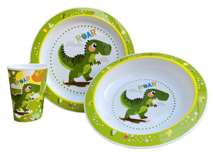 Set Pappa 3 Pezzi Dinosauri Preistoria Piatto Fondo Piano Bicchiere per Microonde Confezione Regalo - St07559