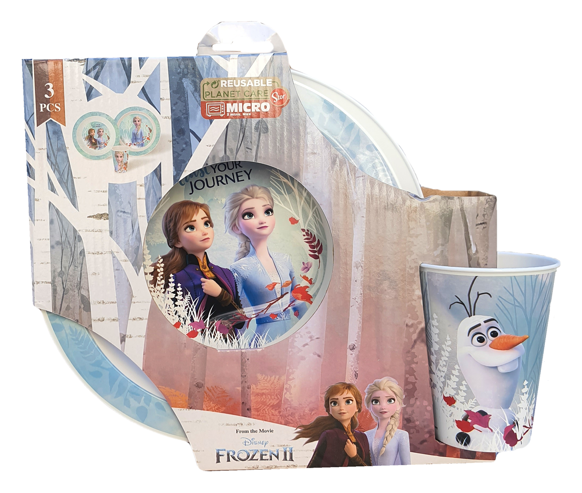 Set Pappa 3 Pezzi Frozen Ii DISNEY Elsa Anna Piatto Fondo Piano Bicchiere per Microonde Confezione Regalo - St09224