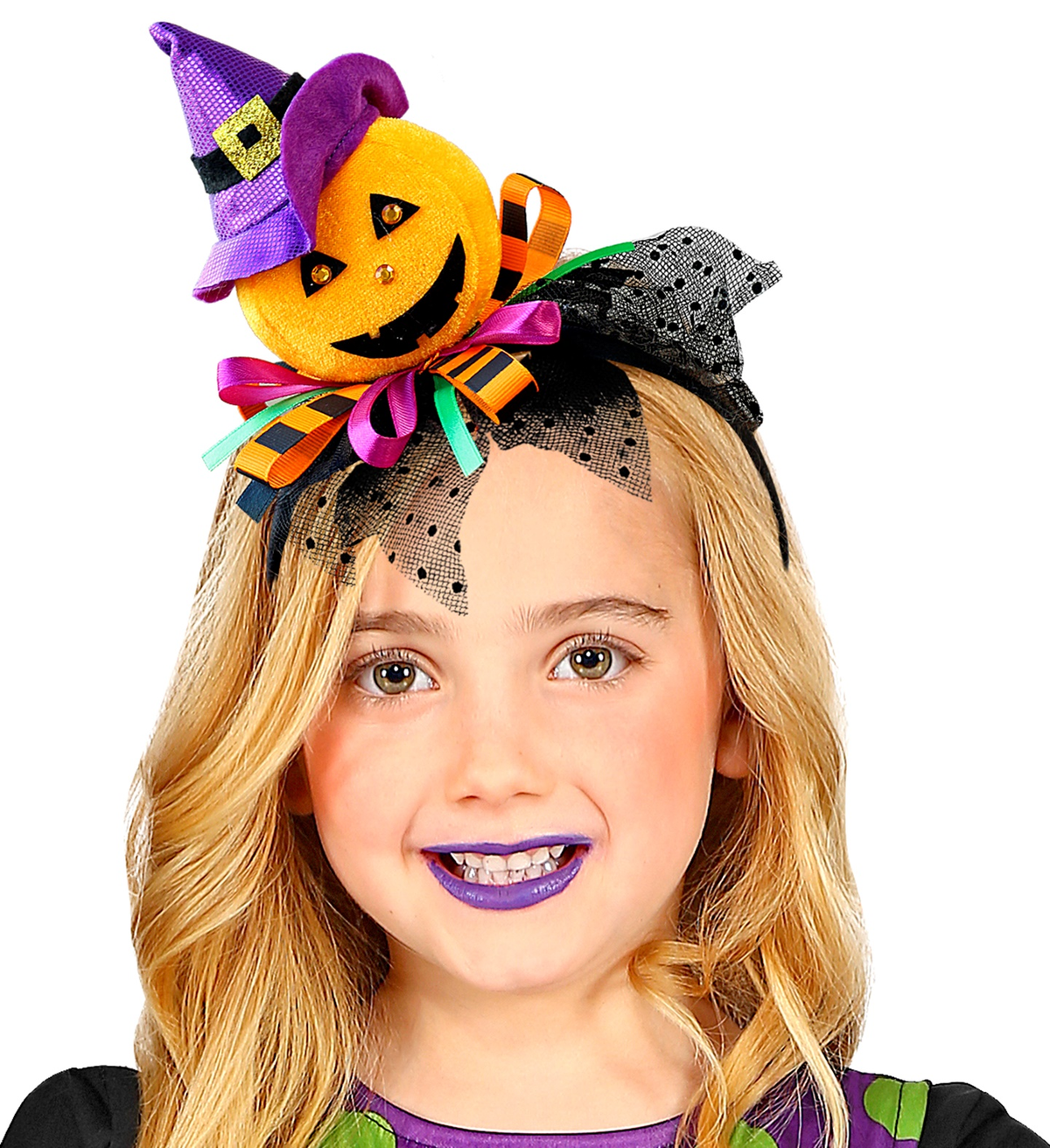 Cerchietto Zucca con Cappello, Tulle e Nastri Accessori Carnevale Halloween - 00069