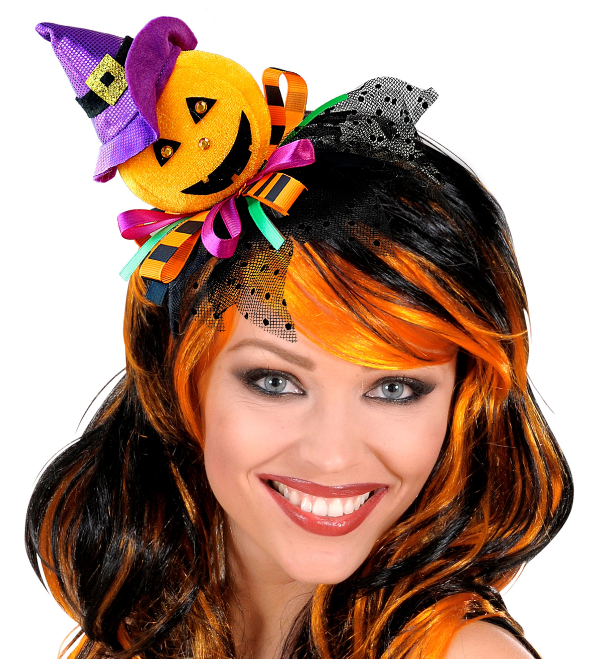 Cerchietto Zucca con Cappello, Tulle e Nastri Accessori Carnevale Halloween - 00069