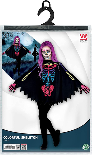 Costume Carnevale + Accessori Scheletro Colorato Poncho Calze Guanti Travestimento Halloween