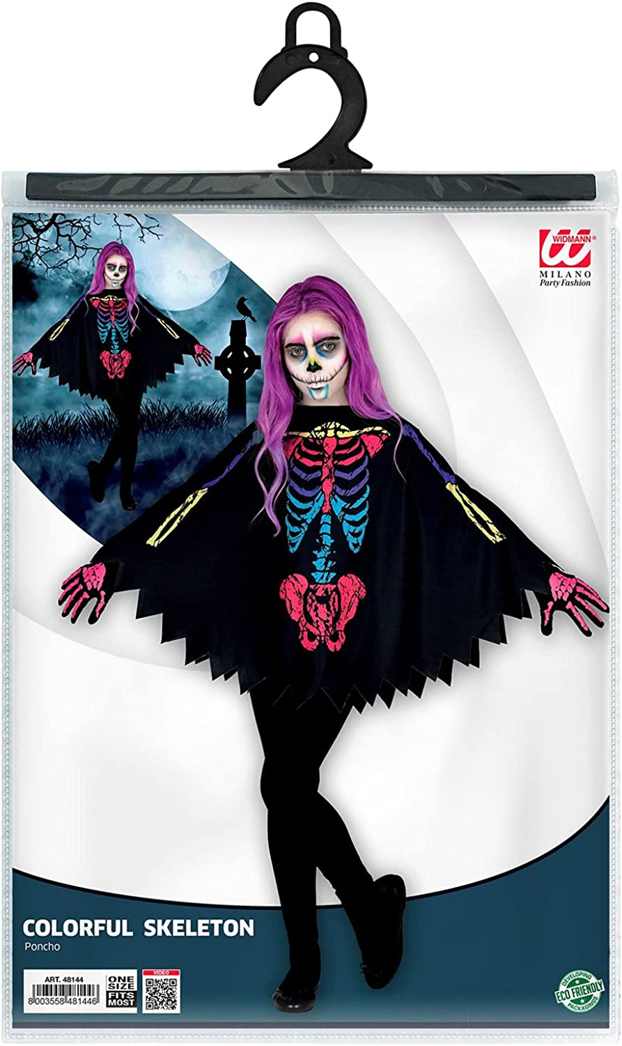 Costume Carnevale + Accessori Scheletro Colorato Poncho Calze Guanti Travestimento Halloween