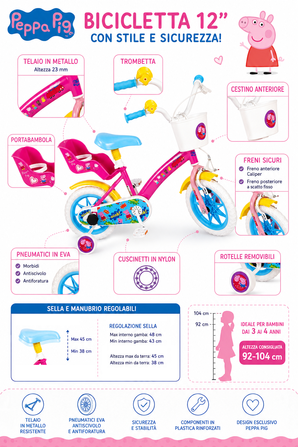 Bicicletta Peppa Pig 12" Età 3/4 Anni con Rotelle - 34593