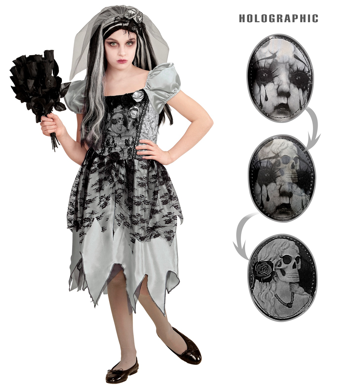 Costume con Accessori Sposa Spettrale Vestito Bouquet Parrucca Travestimento Halloween Bambina 5/7 Anni - 0546+03235+6279s