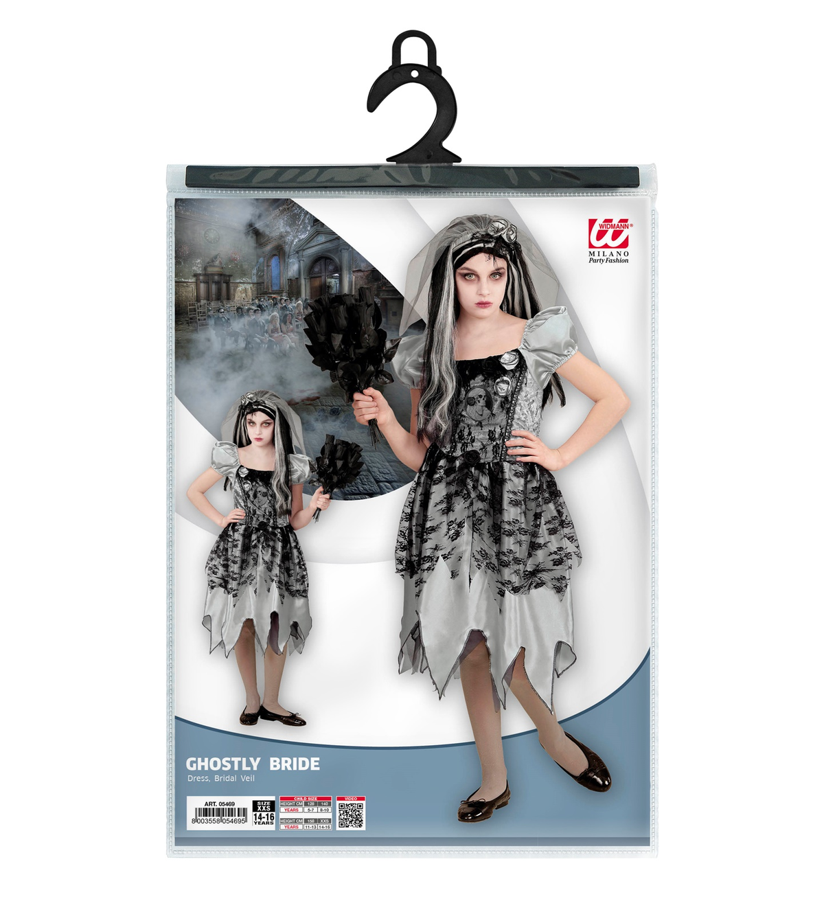 Costume con Accessori Sposa Spettrale Vestito Bouquet Parrucca Travestimento Halloween Bambina 5/7 Anni - 0546+03235+6279s
