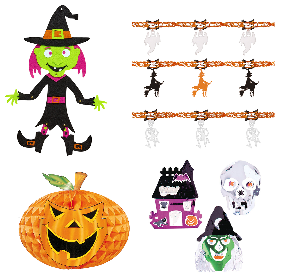 Set Decorazioni Festa Halloween Accessori Festoni Streghe Fantasmi Zucche Scheletri - 51944+5229p+5205g+5217a